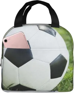 Soccer Ball On Grassy Print Lunch Bag, Durable Tote Lunch Box Bags, Reusable Insulated Lunch Bag for Work, Picnic, Travel