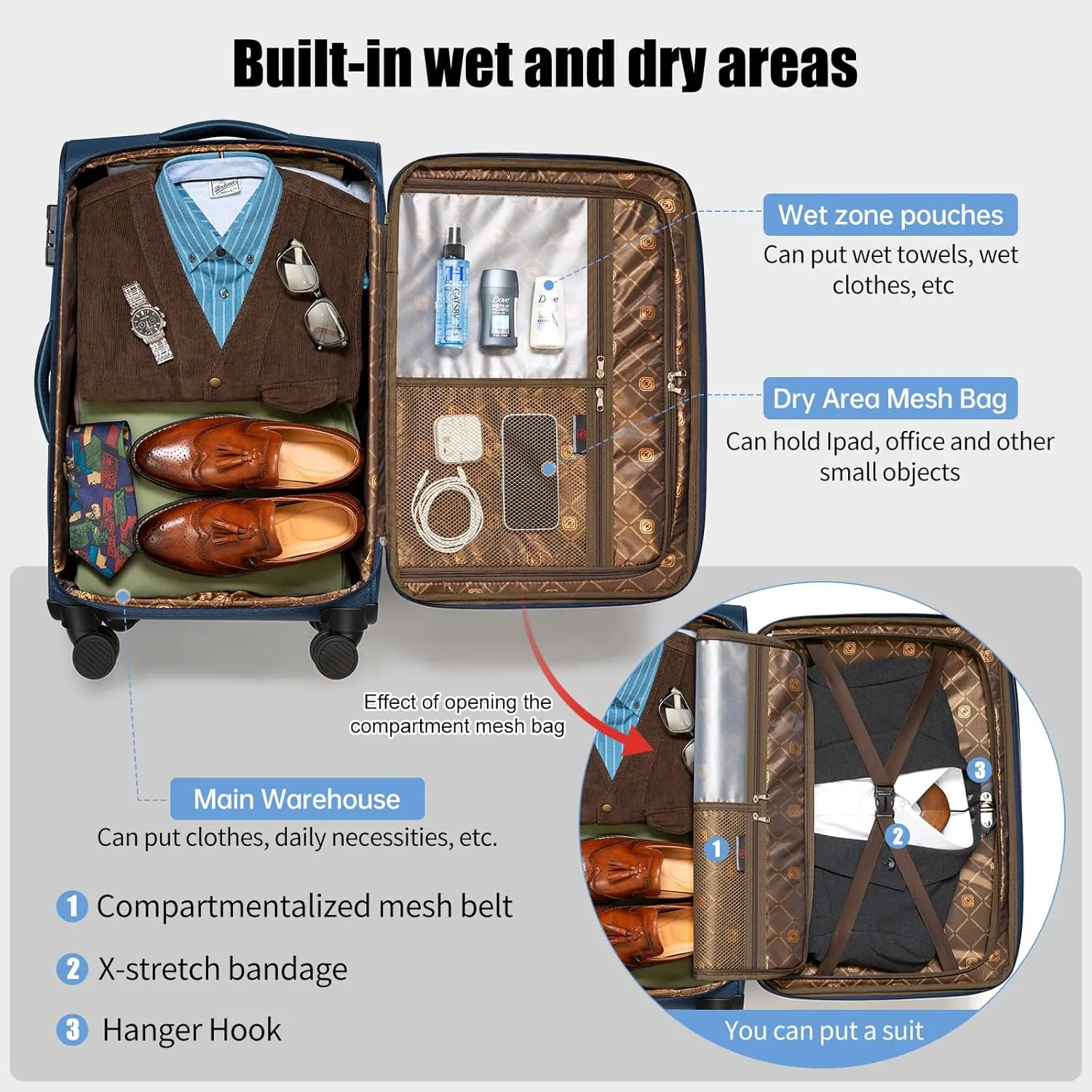 Softside Expandable Luggage with 4 Spinner Wheels, Durable Carry-On Luggage Suicase (Blue, 21-Inch)