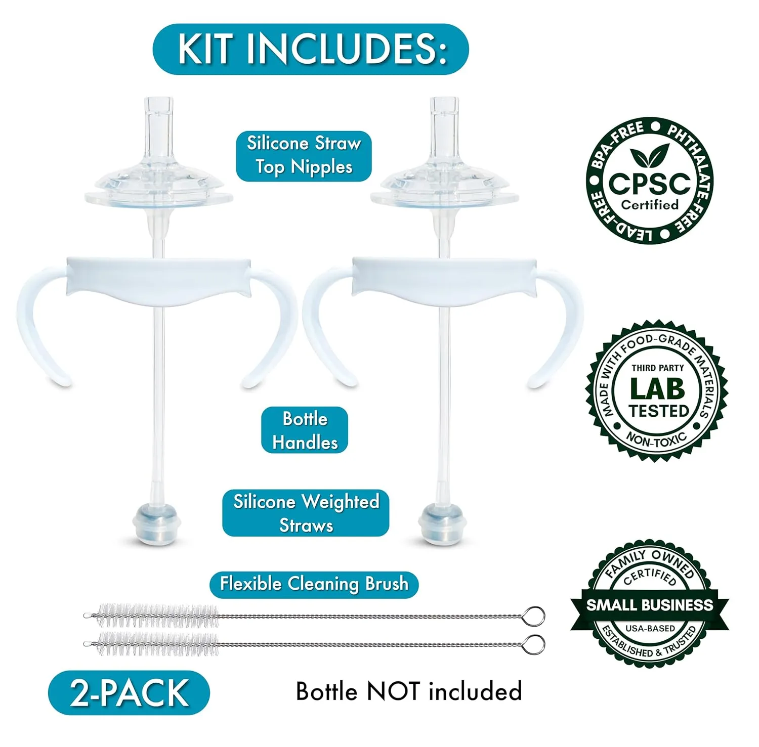 Straw Cup Conversion Kit for Philips Avent Natural Baby Bottles 2-Count, Food Grade Silicone Straw Nipples, Silicone Weighted Straw, Bottle Handles, Cleaning Brush, BPA-Free, 6  Months (Straw Top)