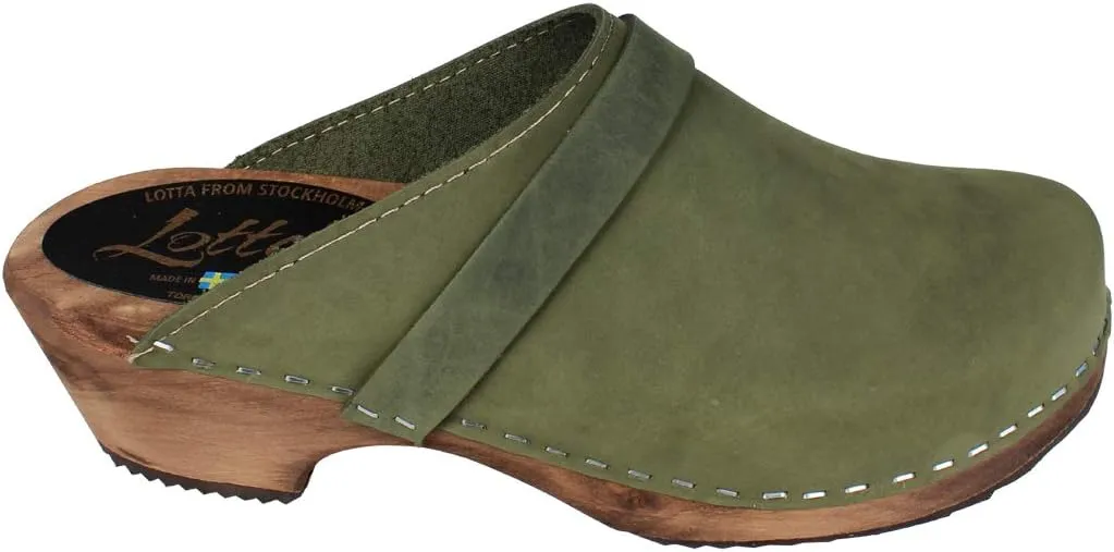 Swedish Classic Clog Mule for Women | Low Heel Slip-on Wooden Clogs Handmade in Sweden | Supportive Brown Alder Wood Base and Oiled Nubuck Leather I Green