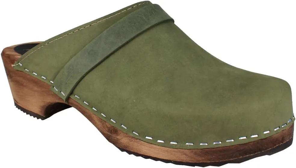 Swedish Classic Clog Mule for Women | Low Heel Slip-on Wooden Clogs Handmade in Sweden | Supportive Brown Alder Wood Base and Oiled Nubuck Leather I Green