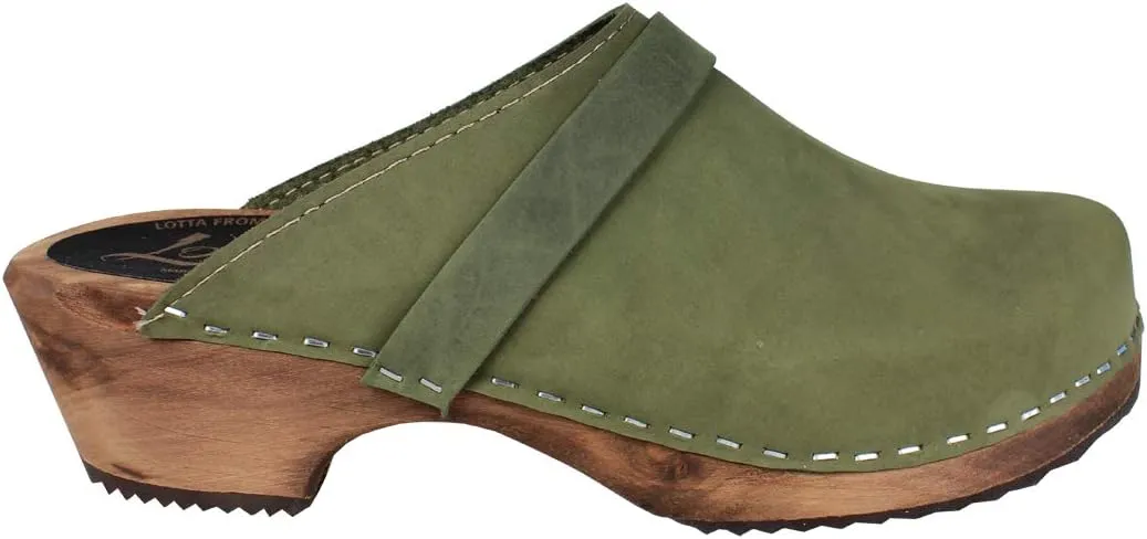 Swedish Classic Clog Mule for Women | Low Heel Slip-on Wooden Clogs Handmade in Sweden | Supportive Brown Alder Wood Base and Oiled Nubuck Leather I Green