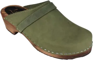 Swedish Classic Clog Mule for Women | Low Heel Slip-on Wooden Clogs Handmade in Sweden | Supportive Brown Alder Wood Base and Oiled Nubuck Leather I Green