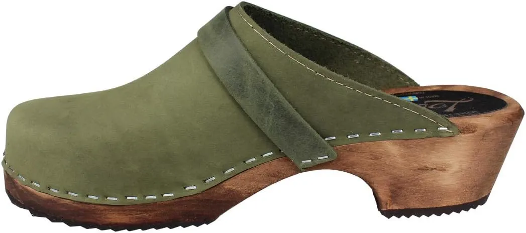 Swedish Classic Clog Mule for Women | Low Heel Slip-on Wooden Clogs Handmade in Sweden | Supportive Brown Alder Wood Base and Oiled Nubuck Leather I Green