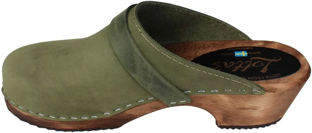 Swedish Classic Clog Mule for Women | Low Heel Slip-on Wooden Clogs Handmade in Sweden | Supportive Brown Alder Wood Base and Oiled Nubuck Leather I Green