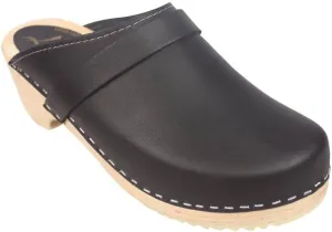 Swedish Classic Clog Mule for Women | Low Heel Slip-on Wooden Clogs Handmade in Sweden | Supportive Wood Base and Genuine Leather | Black
