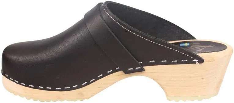 Swedish Classic Clog Mule for Women | Low Heel Slip-on Wooden Clogs Handmade in Sweden | Supportive Wood Base and Genuine Leather | Black