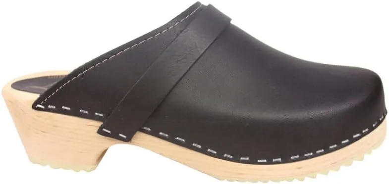 Swedish Classic Clog Mule for Women | Low Heel Slip-on Wooden Clogs Handmade in Sweden | Supportive Wood Base and Genuine Leather | Black