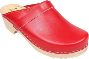 Swedish Classic Mule Clog - Red Leather Slip-on Clogs for Women I Supportive and Comfortable Wooden Clog
