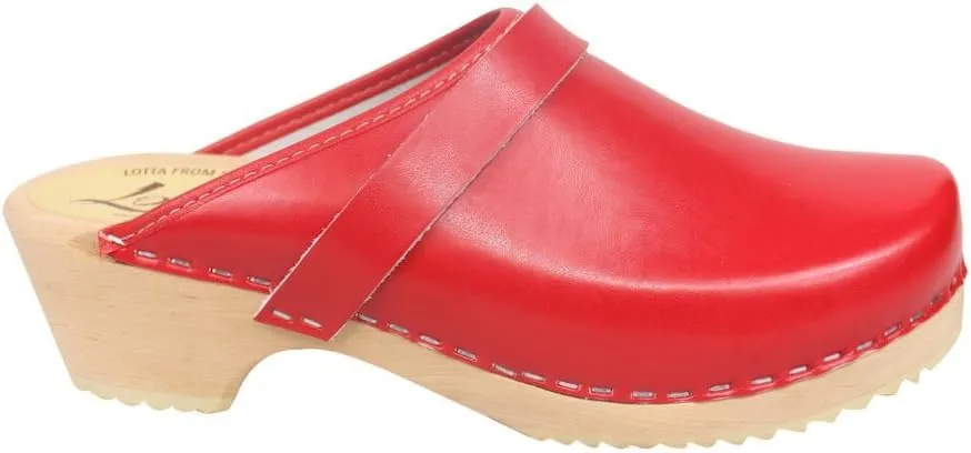 Swedish Classic Mule Clog - Red Leather Slip-on Clogs for Women I Supportive and Comfortable Wooden Clog