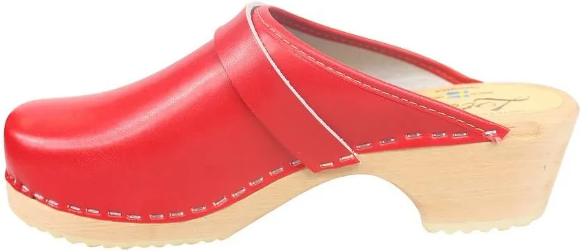 Swedish Classic Mule Clog - Red Leather Slip-on Clogs for Women I Supportive and Comfortable Wooden Clog