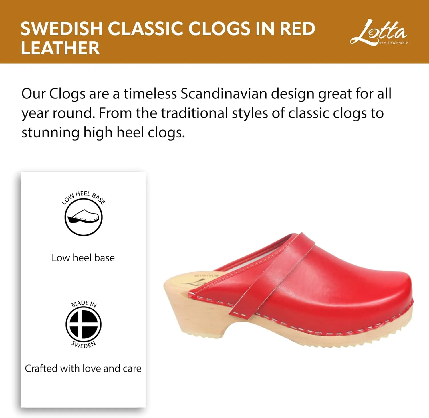 Swedish Classic Mule Clog - Red Leather Slip-on Clogs for Women I Supportive and Comfortable Wooden Clog