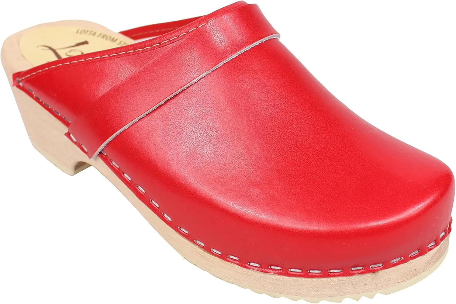 Swedish Classic Mule Clog - Red Leather Slip-on Clogs for Women I Supportive and Comfortable Wooden Clog