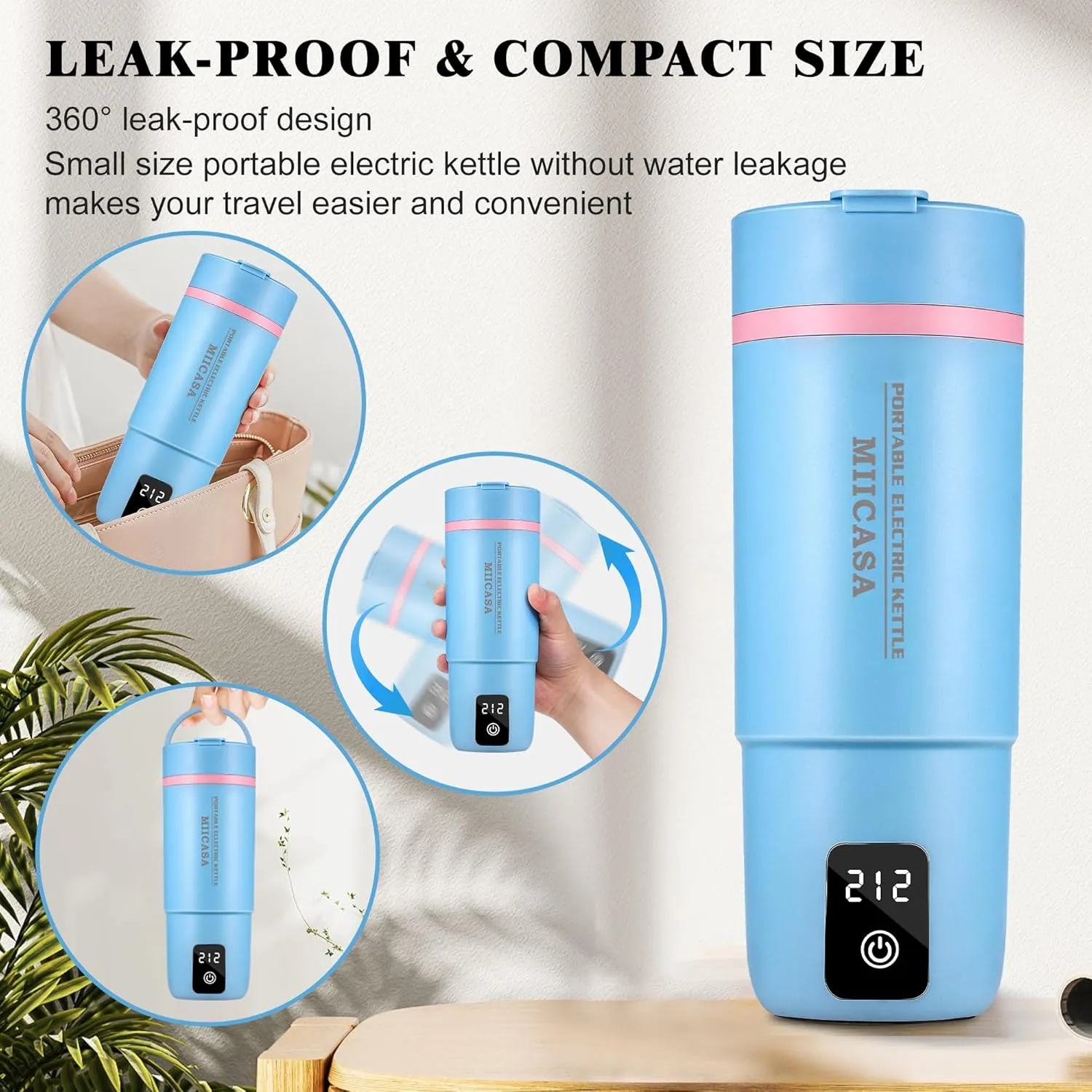 Travel Electric Kettle,Miicasa Small Electric Kettle,Water Boiler with Anti Fall Boot,6 Temperature Control,304 Stainless Steel Auto Shut-Off and Boil Dry Protection,17oz