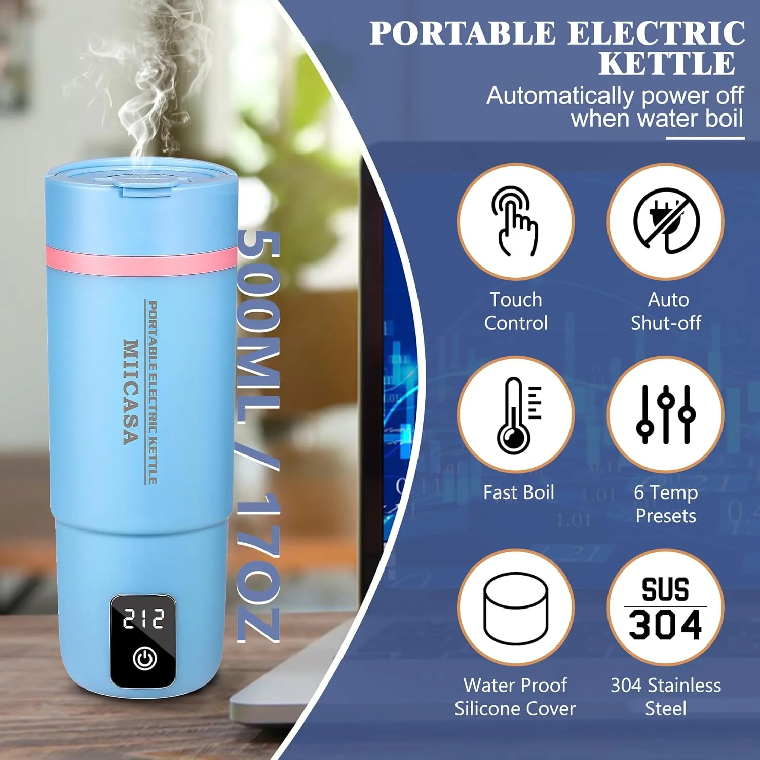 Travel Electric Kettle,Miicasa Small Electric Kettle,Water Boiler with Anti Fall Boot,6 Temperature Control,304 Stainless Steel Auto Shut-Off and Boil Dry Protection,17oz