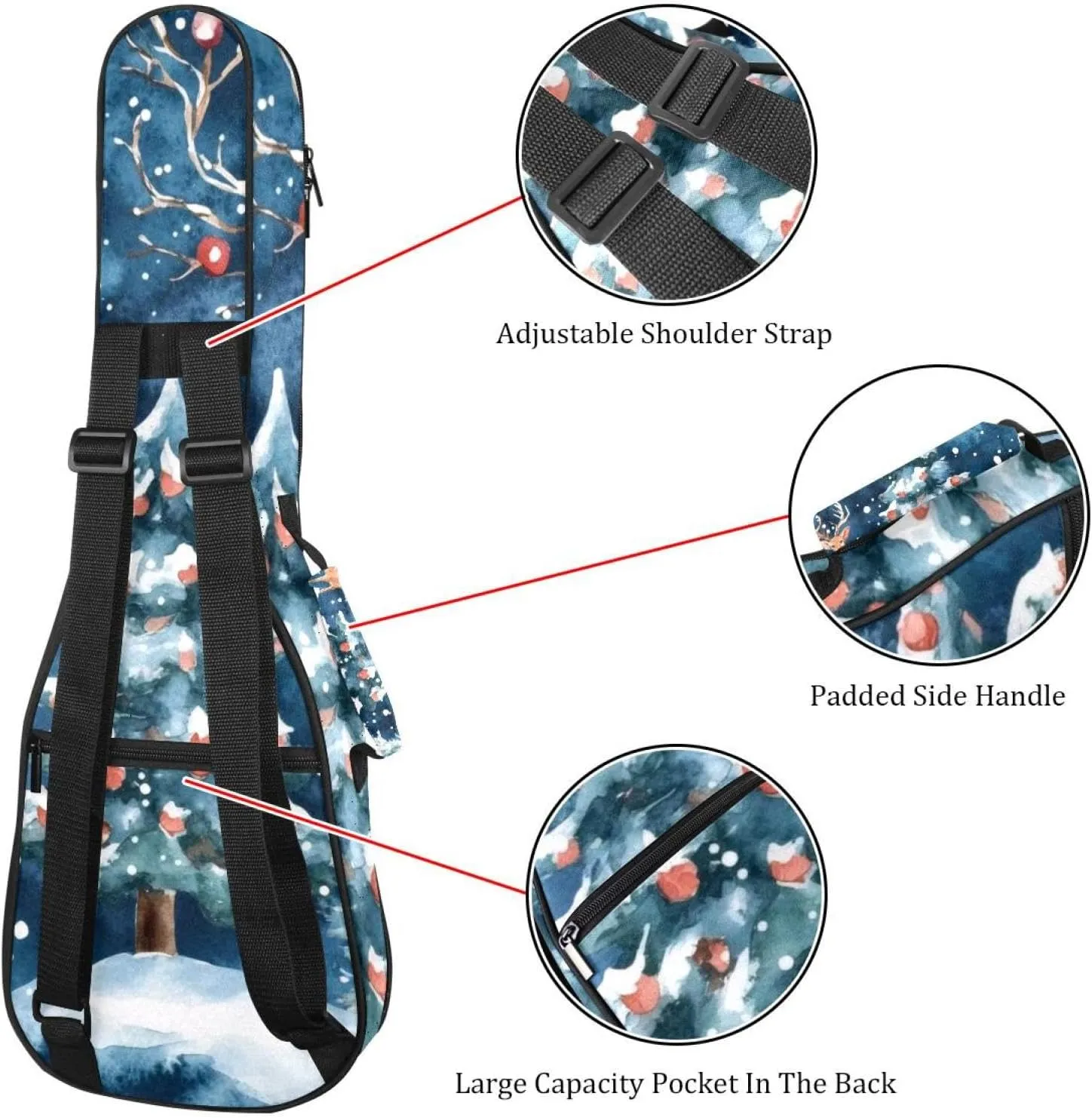 Watercolor Winter Christmas Trees and Deers Ukulele Case, Padded Bag for 23 Inch Concert Ukulele, Waterproof & Durable