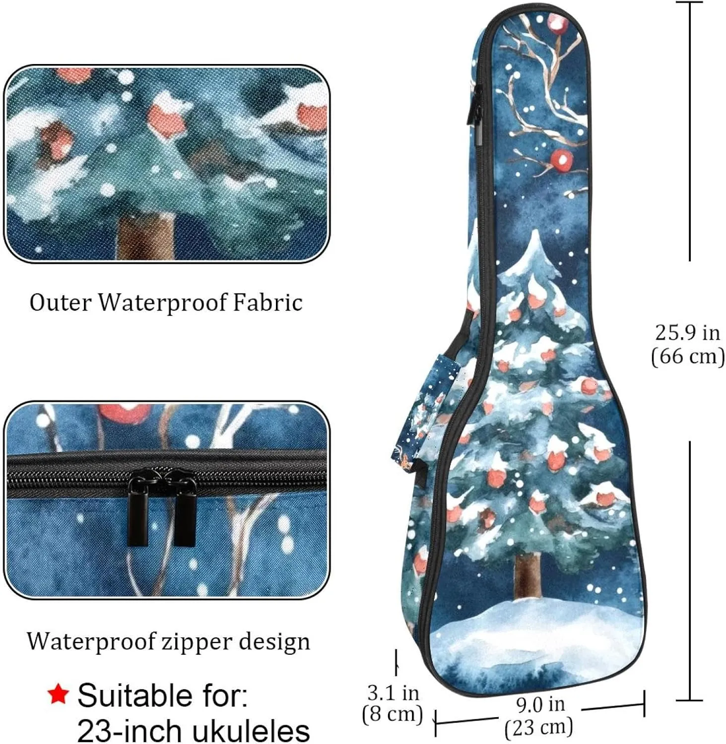 Watercolor Winter Christmas Trees and Deers Ukulele Case, Padded Bag for 23 Inch Concert Ukulele, Waterproof & Durable