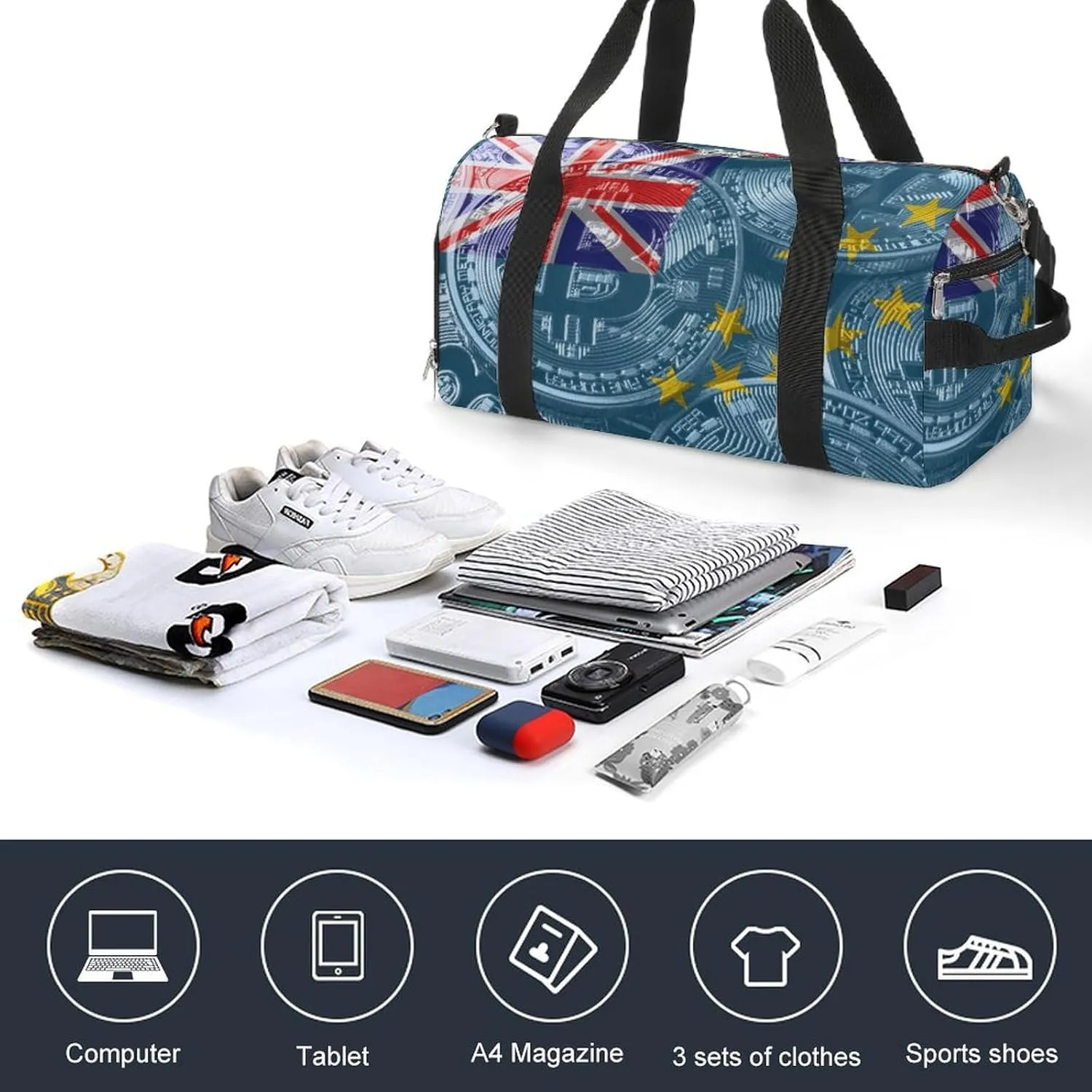 Waterproof Tuvalu Flag Bitcoin Duffel Bag with Shoe Compartment Gym Travel Yoga