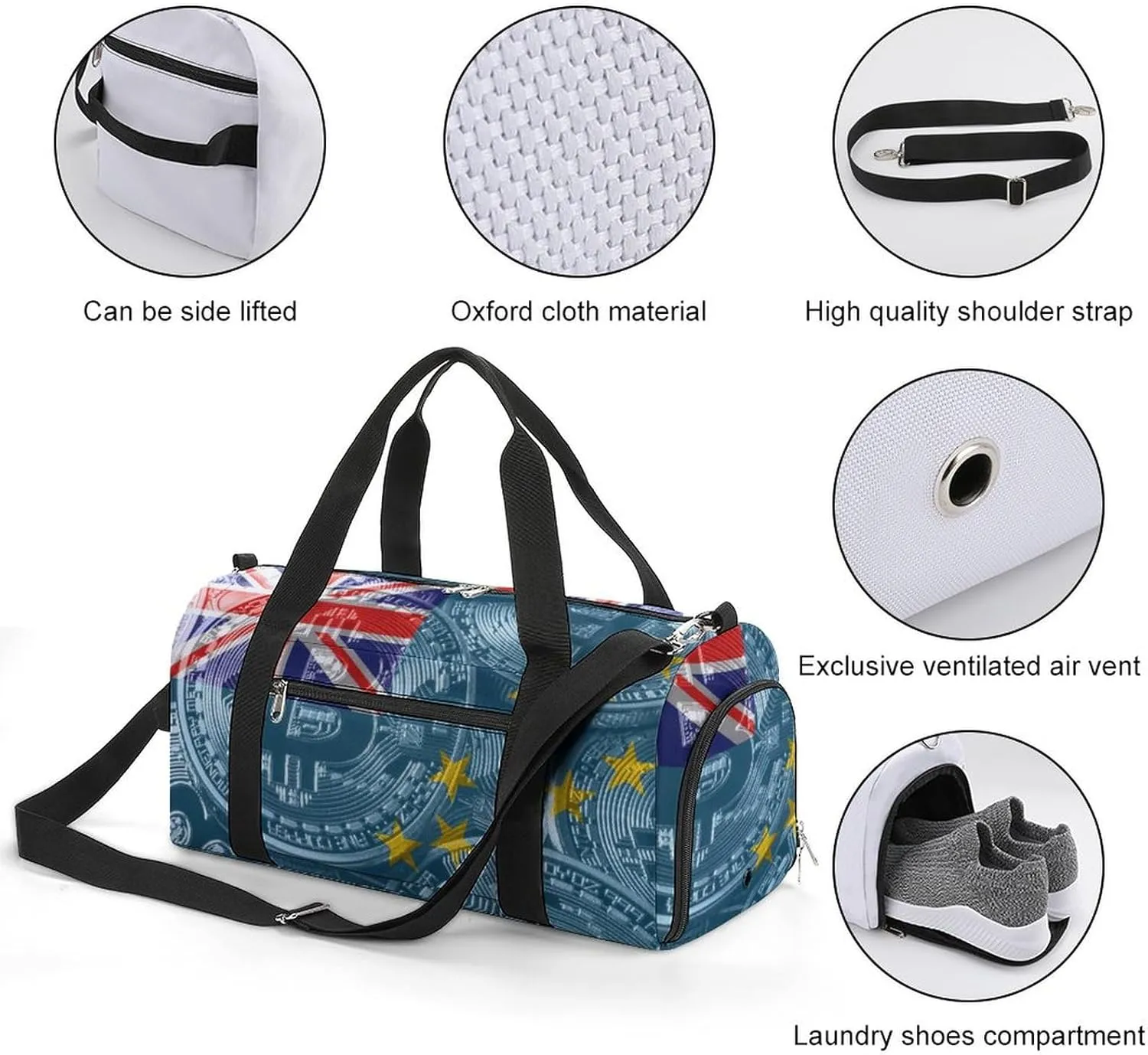 Waterproof Tuvalu Flag Bitcoin Duffel Bag with Shoe Compartment Gym Travel Yoga
