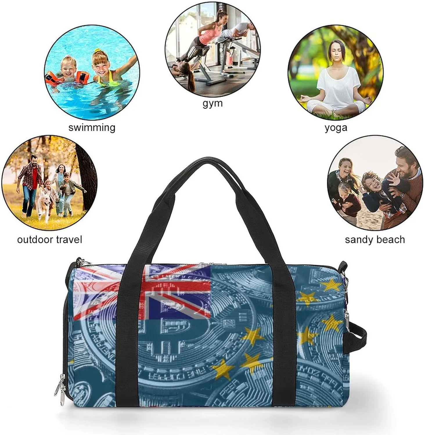 Waterproof Tuvalu Flag Bitcoin Duffel Bag with Shoe Compartment Gym Travel Yoga