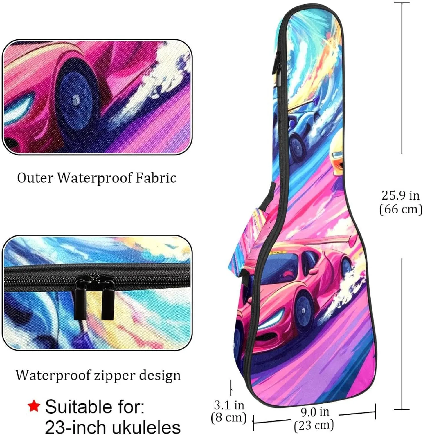 Waterproof Ukulele Case Bag, Durable 23" Ukulele Gig Bag with Storage and Handle - Race Cars with Vibrant Colors on the Racing Track