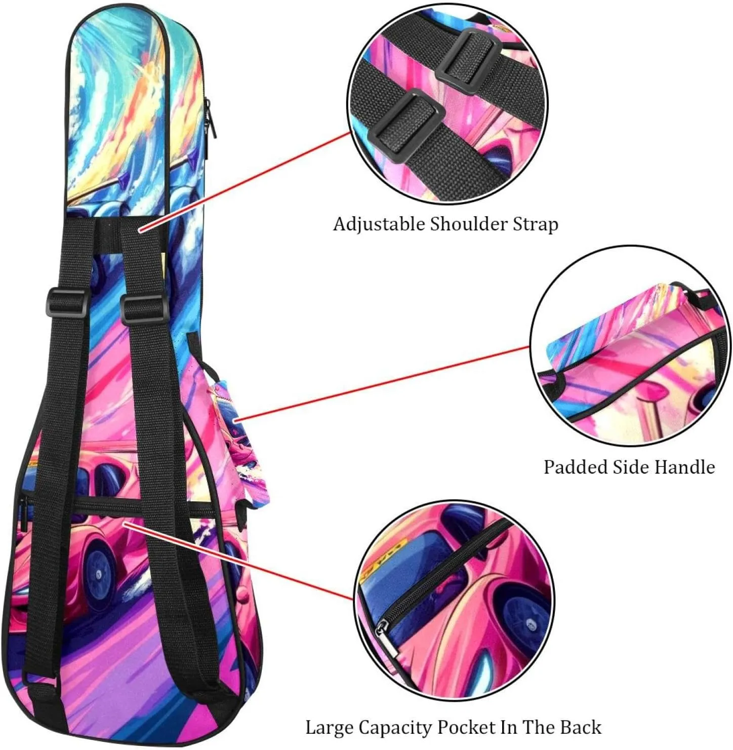 Waterproof Ukulele Case Bag, Durable 23" Ukulele Gig Bag with Storage and Handle - Race Cars with Vibrant Colors on the Racing Track