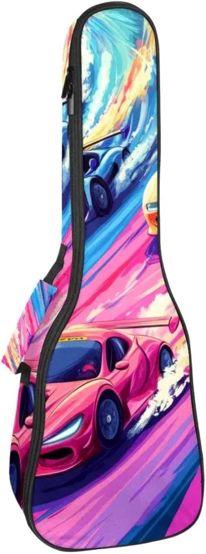 Waterproof Ukulele Case Bag, Durable 23" Ukulele Gig Bag with Storage and Handle - Race Cars with Vibrant Colors on the Racing Track