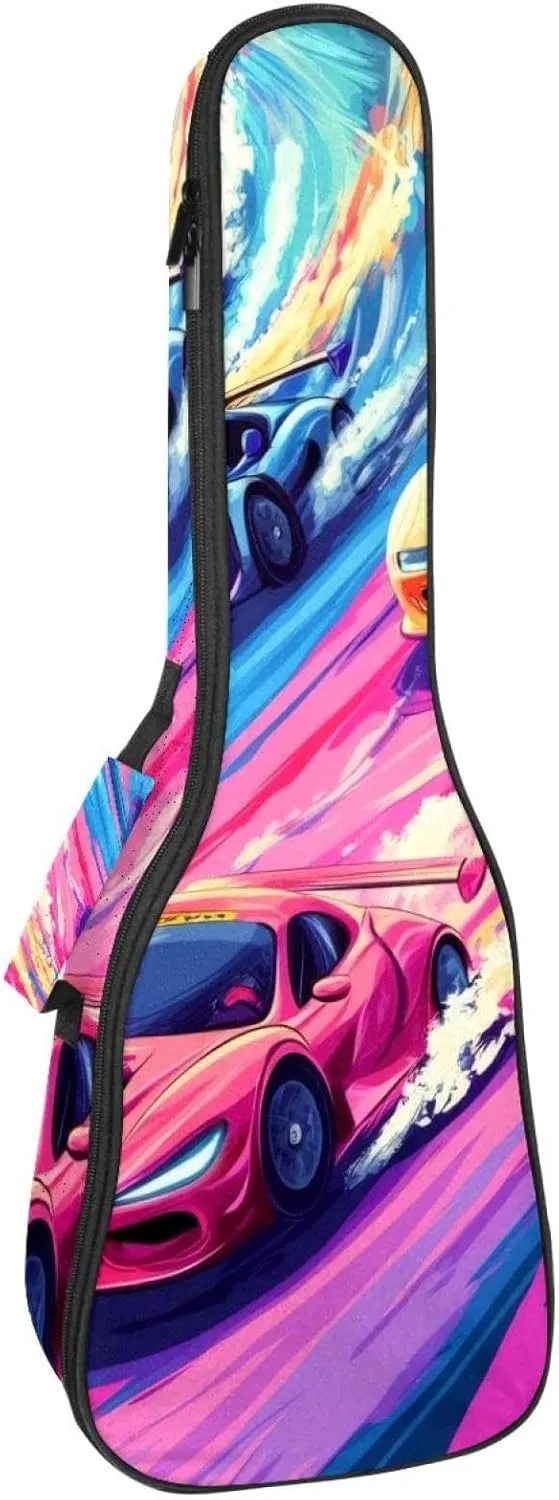 Waterproof Ukulele Case Bag, Durable 23" Ukulele Gig Bag with Storage and Handle - Race Cars with Vibrant Colors on the Racing Track
