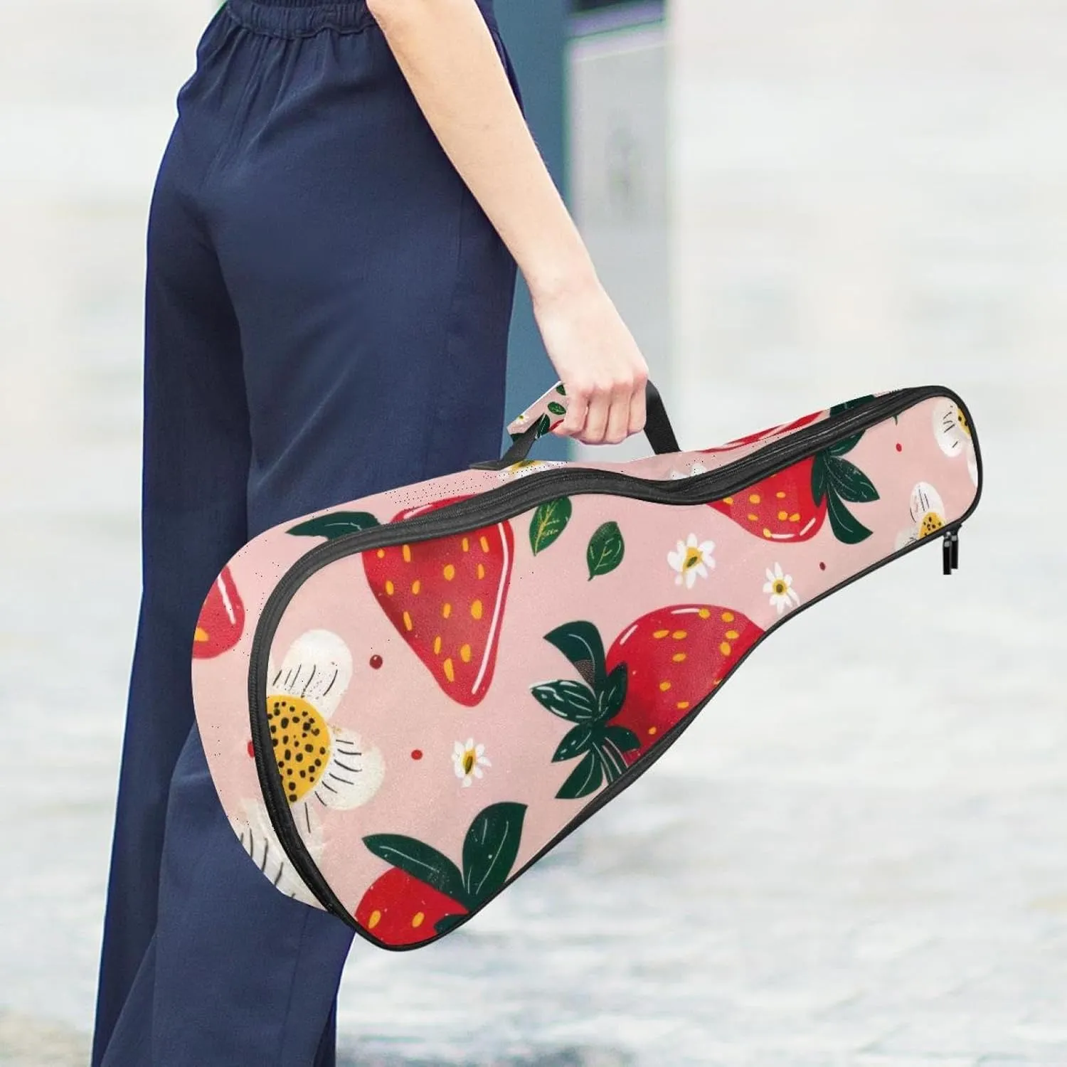 Waterproof Ukulele Case Bag, Durable 23" Ukulele Gig Bag with Storage and Handle - Strawberries and Cute Flower on Pink Background