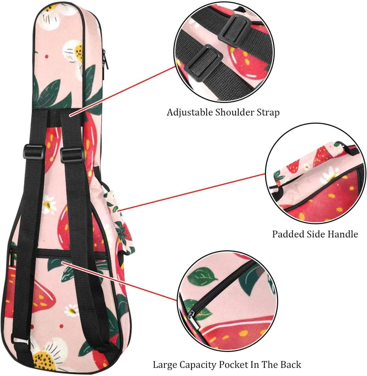 Waterproof Ukulele Case Bag, Durable 23" Ukulele Gig Bag with Storage and Handle - Strawberries and Cute Flower on Pink Background