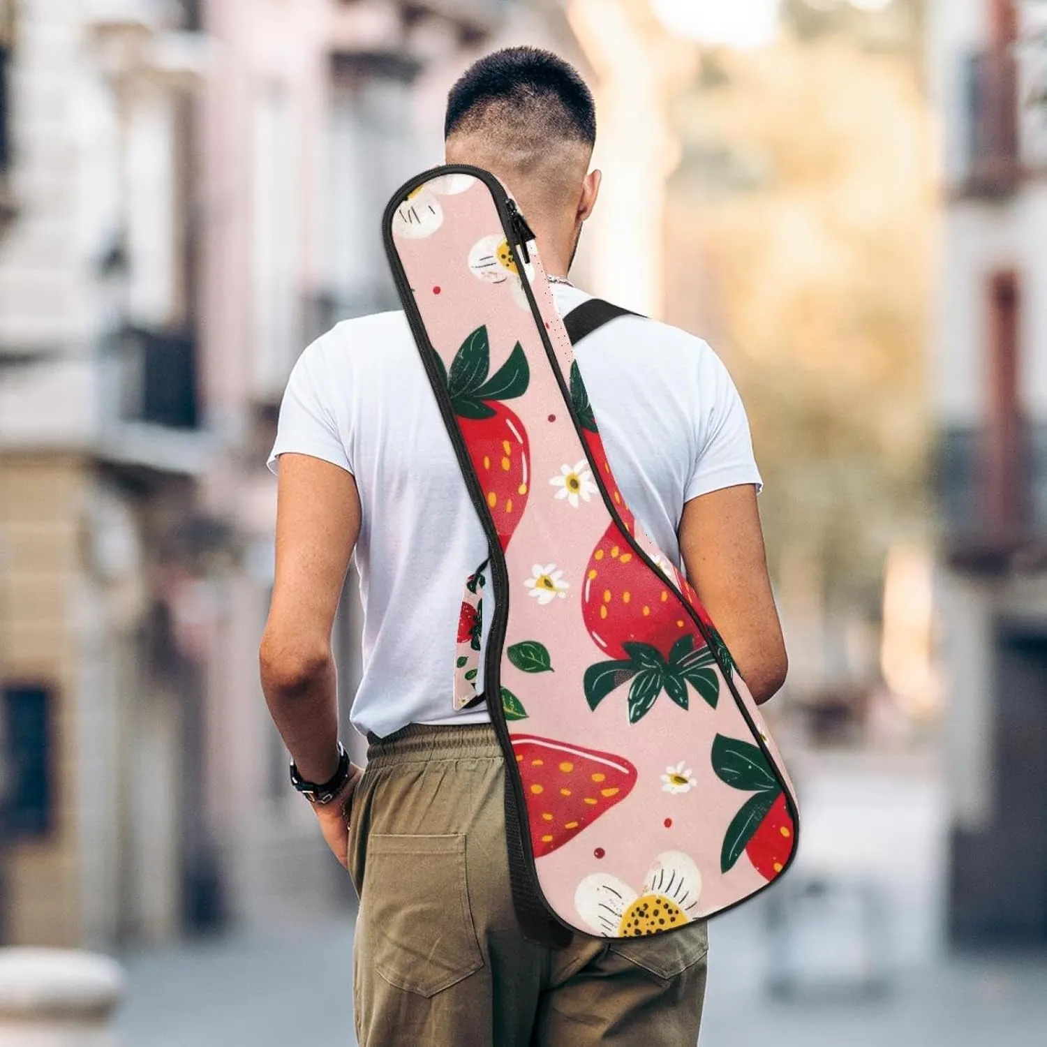 Waterproof Ukulele Case Bag, Durable 23" Ukulele Gig Bag with Storage and Handle - Strawberries and Cute Flower on Pink Background