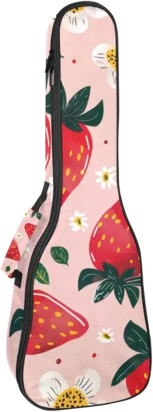 Waterproof Ukulele Case Bag, Durable 23" Ukulele Gig Bag with Storage and Handle - Strawberries and Cute Flower on Pink Background