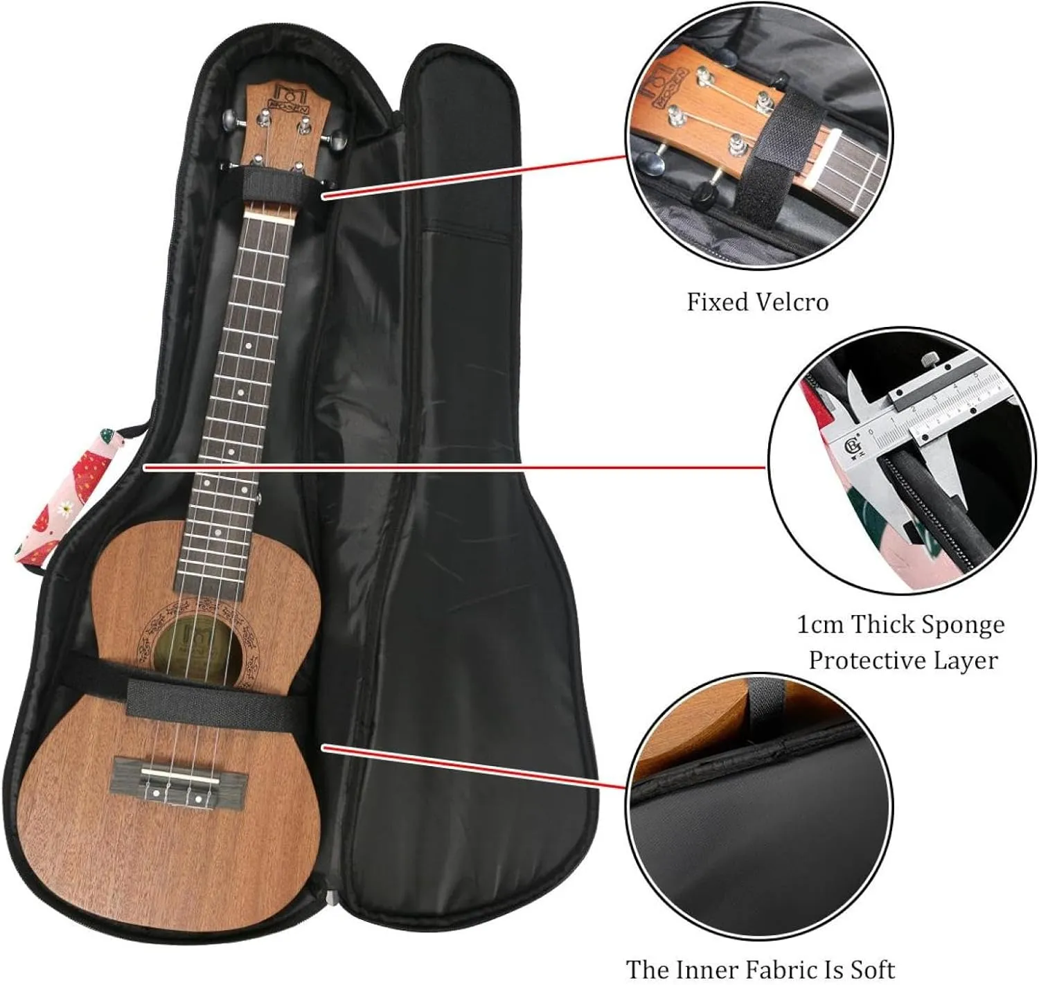 Waterproof Ukulele Case Bag, Durable 23" Ukulele Gig Bag with Storage and Handle - Strawberries and Cute Flower on Pink Background