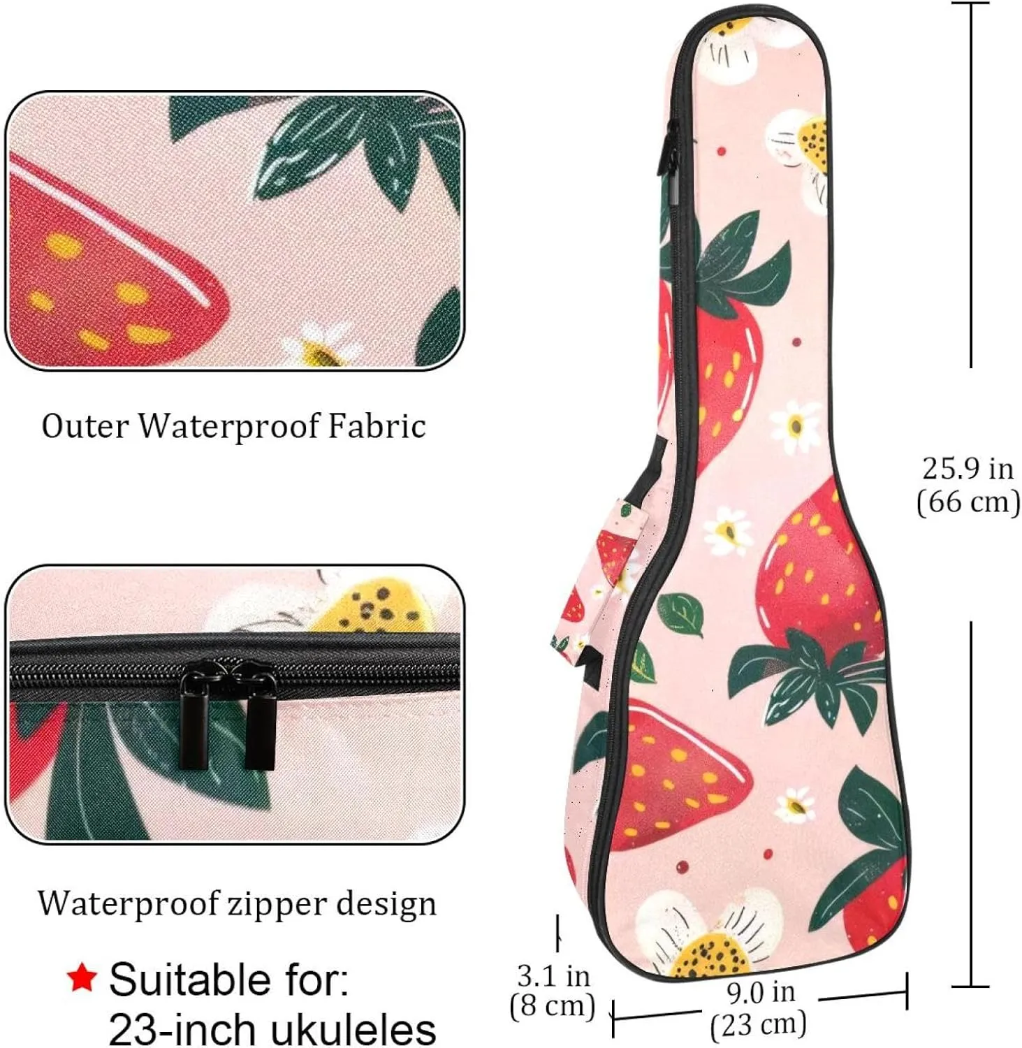 Waterproof Ukulele Case Bag, Durable 23" Ukulele Gig Bag with Storage and Handle - Strawberries and Cute Flower on Pink Background