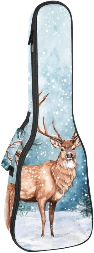 Waterproof Ukulele Case Bag, Durable 23" Ukulele Gig Bag with Storage and Handle - Watercolor Wild Forest Deer Surrounded by Fir Trees