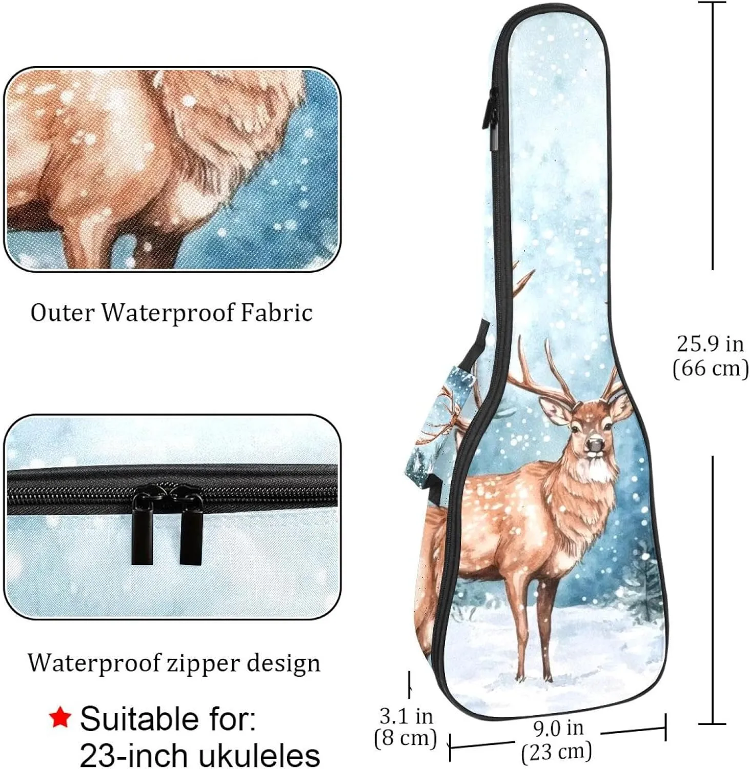 Waterproof Ukulele Case Bag, Durable 23" Ukulele Gig Bag with Storage and Handle - Watercolor Wild Forest Deer Surrounded by Fir Trees