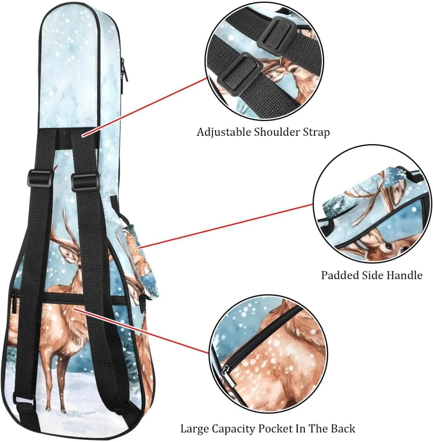 Waterproof Ukulele Case Bag, Durable 23" Ukulele Gig Bag with Storage and Handle - Watercolor Wild Forest Deer Surrounded by Fir Trees
