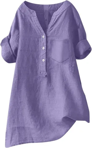 Women Linen Shirts V Neck Button Blouse Boho Dressy Tshirts Short Sleeve Loose Fit T Shirts