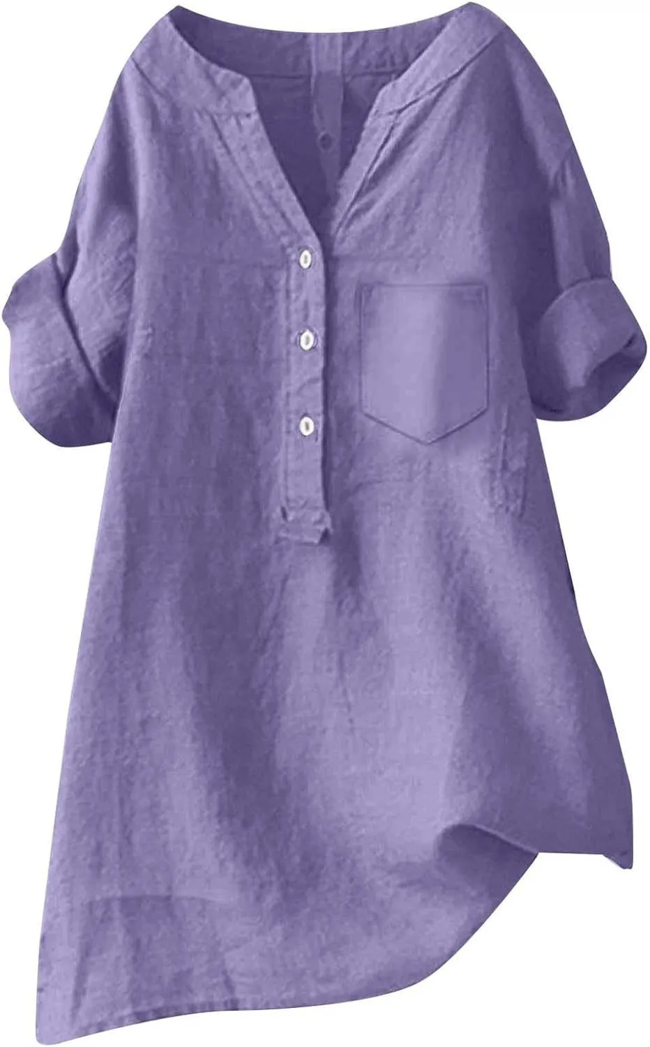 Women Linen Shirts V Neck Button Blouse Boho Dressy Tshirts Short Sleeve Loose Fit T Shirts