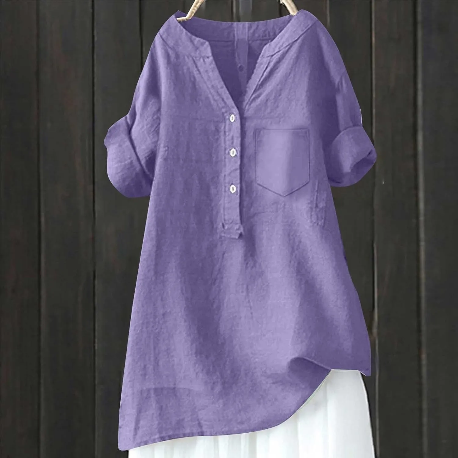 Women Linen Shirts V Neck Button Blouse Boho Dressy Tshirts Short Sleeve Loose Fit T Shirts