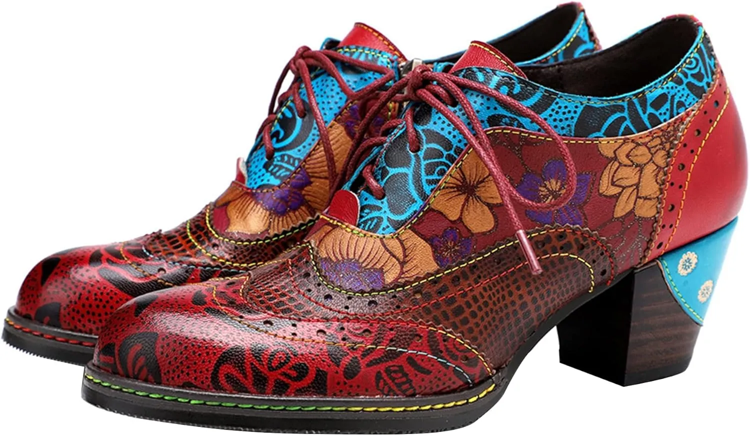 Women's Handmade Lambskin Oxford Loafers Shoes with Retro Ethnic Printed Style, Brock Design for Casual and Fashion Collegiate Style