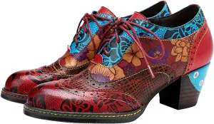 Women's Handmade Lambskin Oxford Loafers Shoes with Retro Ethnic Printed Style, Brock Design for Casual and Fashion Collegiate Style