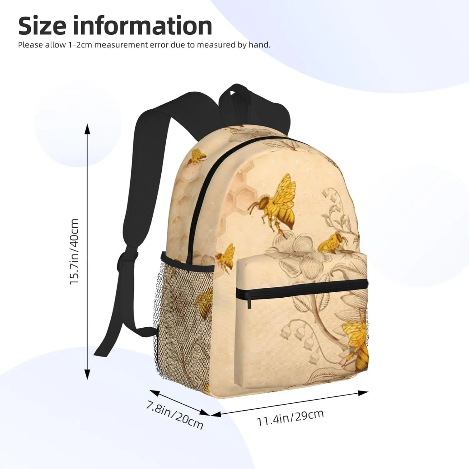 Wurton Rural Honey Bees Flowers Print Unisex Backpack Trendy,Durable Travel Bag Sports Beach Backpack Lightweight Backpack, Black