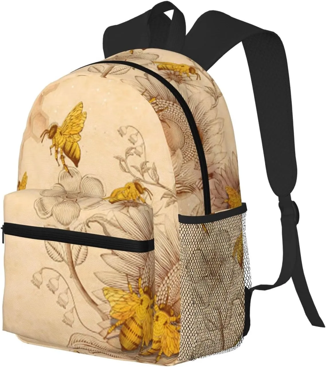Wurton Rural Honey Bees Flowers Print Unisex Backpack Trendy,Durable Travel Bag Sports Beach Backpack Lightweight Backpack, Black