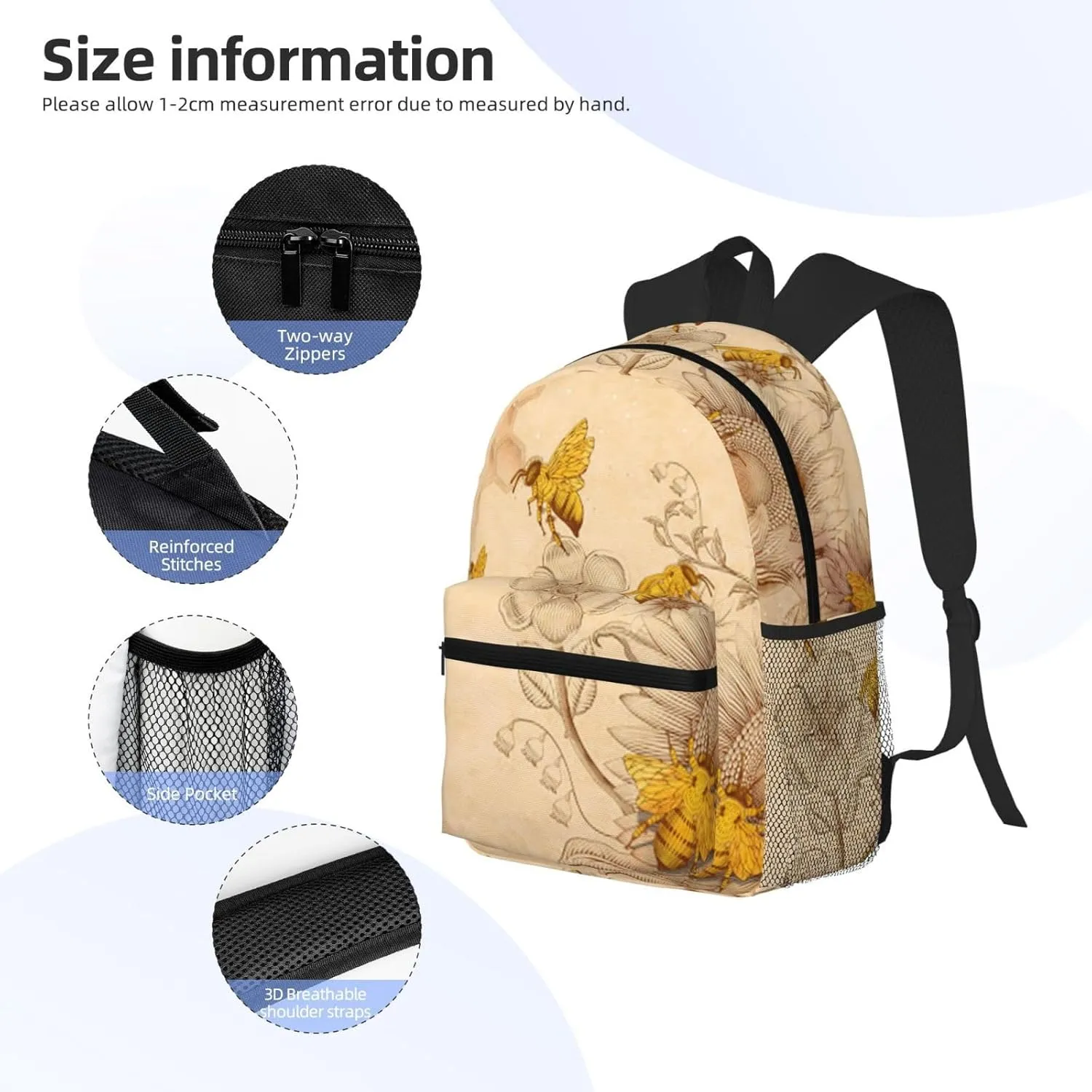 Wurton Rural Honey Bees Flowers Print Unisex Backpack Trendy,Durable Travel Bag Sports Beach Backpack Lightweight Backpack, Black