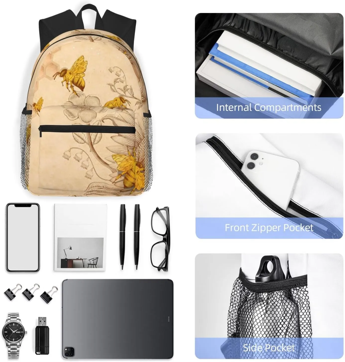 Wurton Rural Honey Bees Flowers Print Unisex Backpack Trendy,Durable Travel Bag Sports Beach Backpack Lightweight Backpack, Black