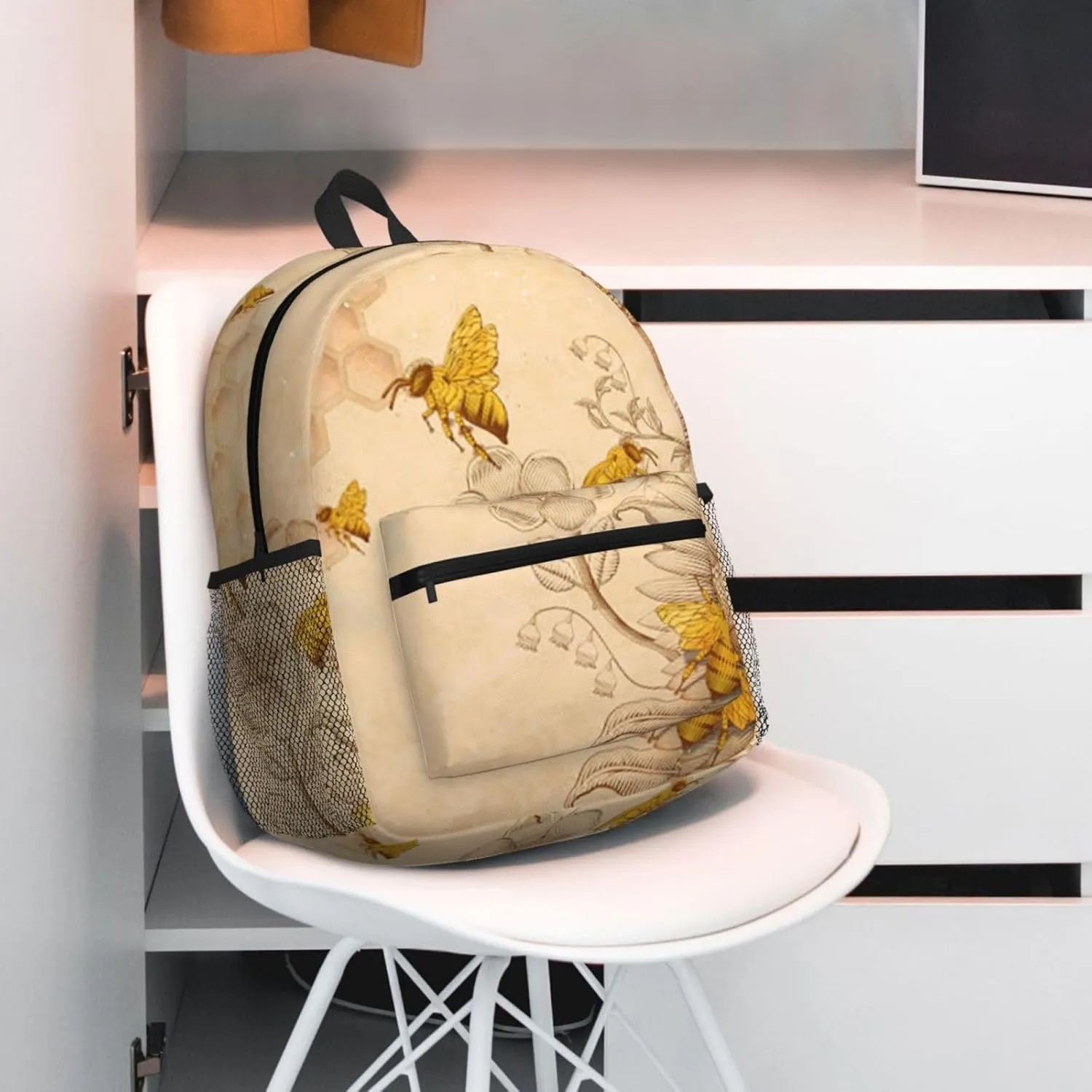 Wurton Rural Honey Bees Flowers Print Unisex Backpack Trendy,Durable Travel Bag Sports Beach Backpack Lightweight Backpack, Black