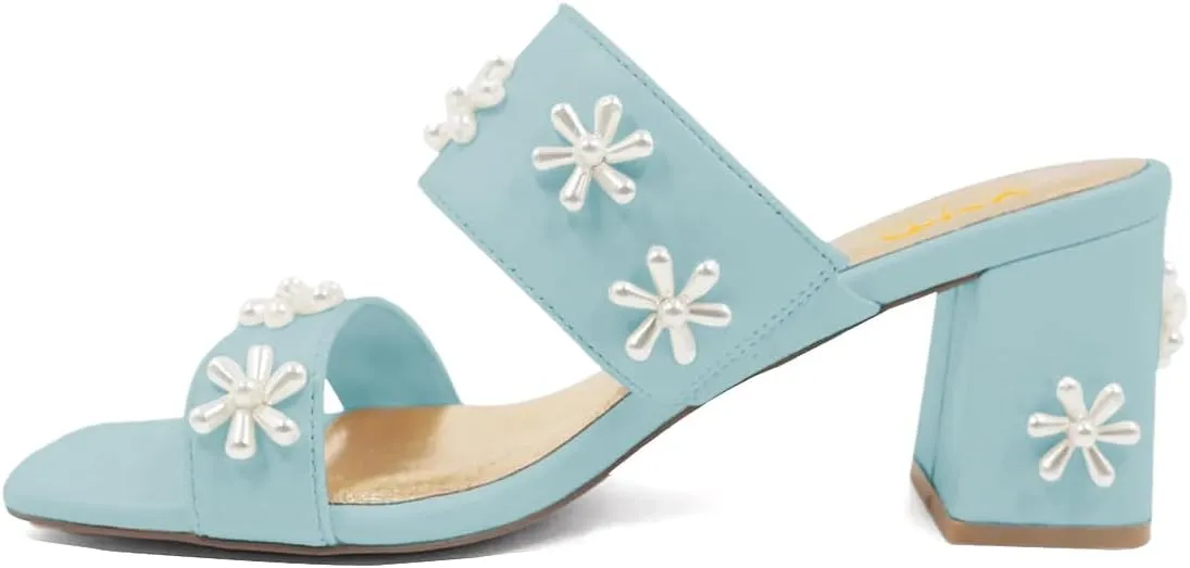 XYD Women Pearl Flower Block Sandals for Bride Wedding Open Toe Mid Heel Mules Double Strap Dress Shoes