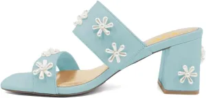 XYD Women Pearl Flower Block Sandals for Bride Wedding Open Toe Mid Heel Mules Double Strap Dress Shoes