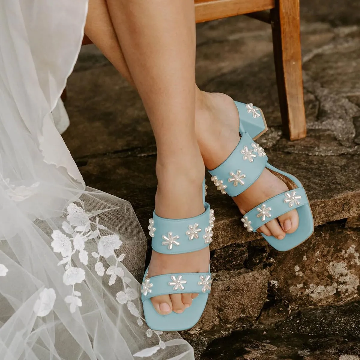 XYD Women Pearl Flower Block Sandals for Bride Wedding Open Toe Mid Heel Mules Double Strap Dress Shoes